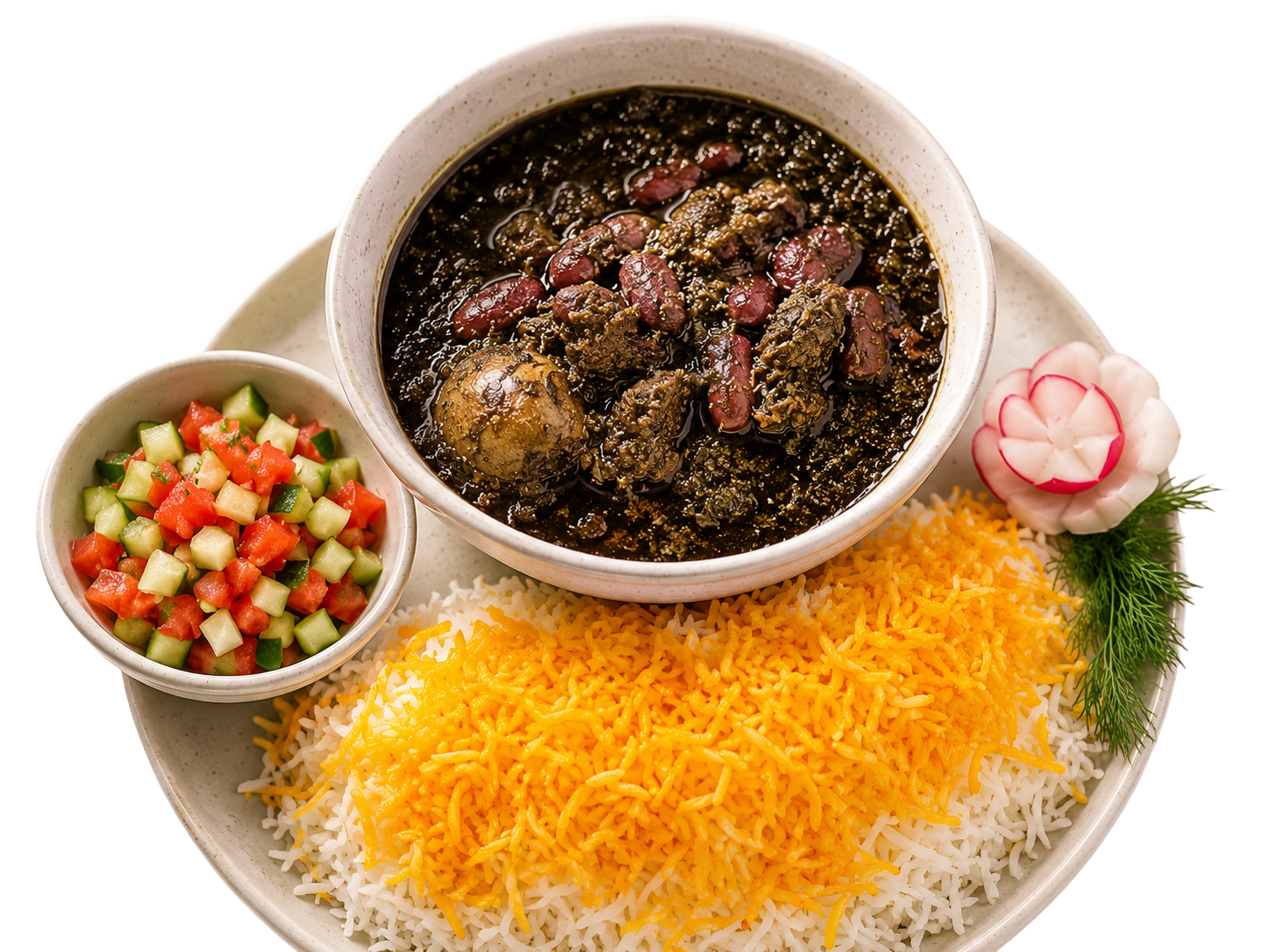 Ghormeh Sabzi Persian herb stew with saffron rice at Mr Neshat Port Coquitlam BC