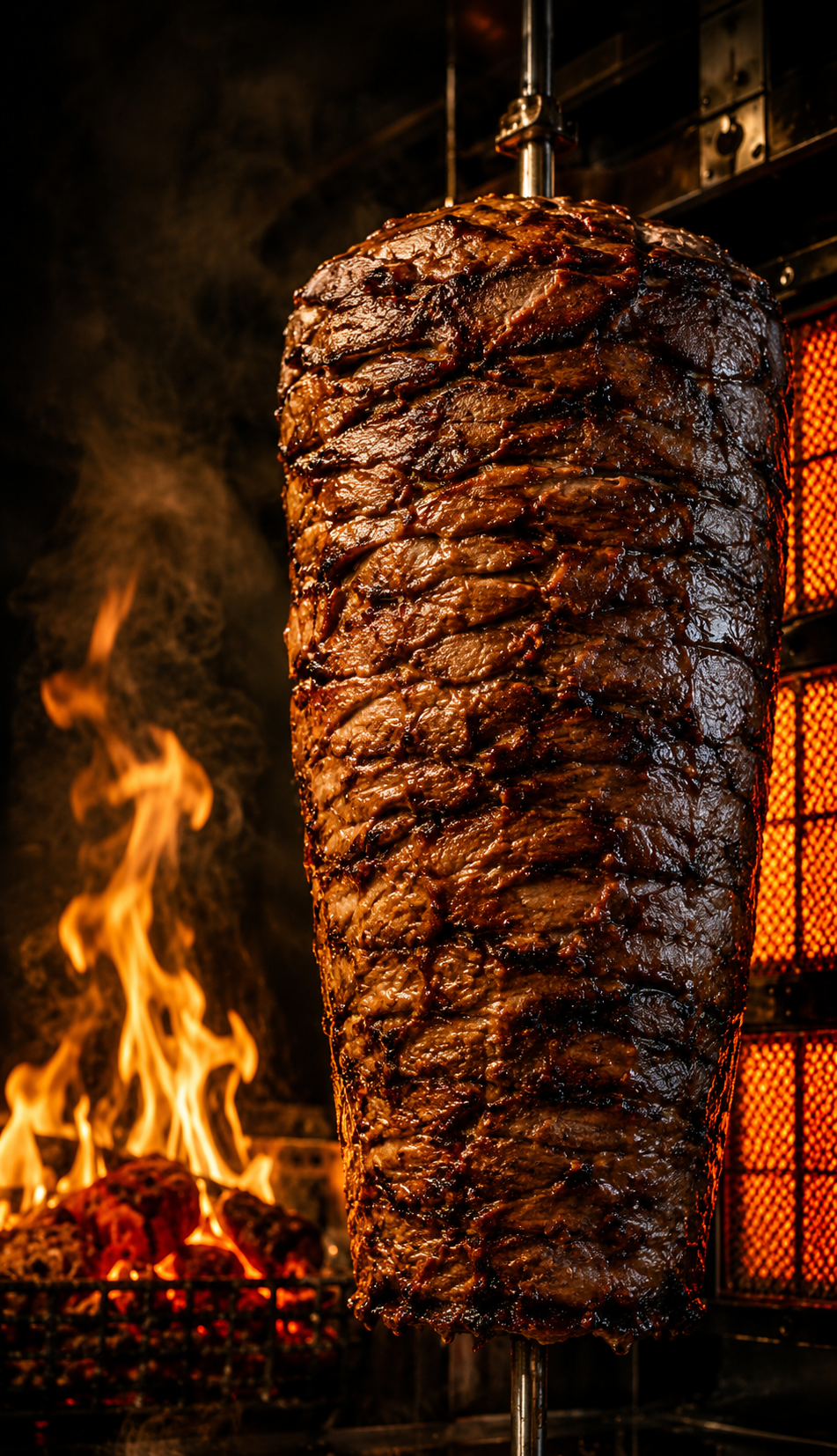 Persian donair spit charcoal grilling with fire at Mr Neshat Port Coquitlam