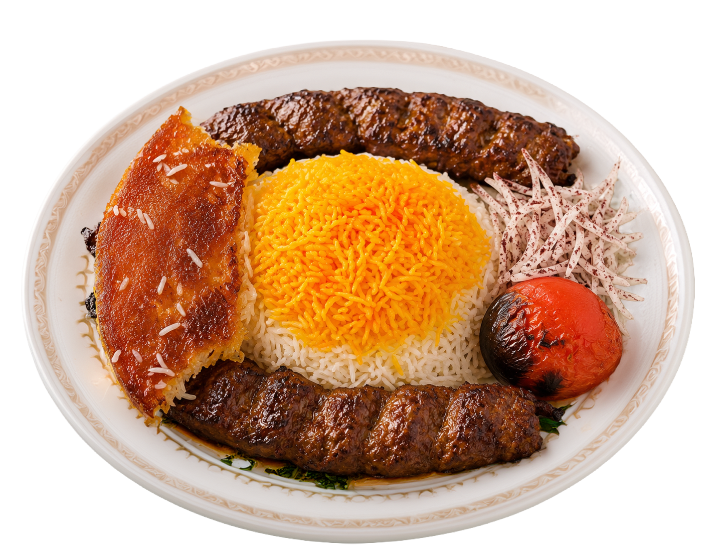 Kabab Kobideh grilled minced lamb on saffron rice at Mr Neshat Persian restaurant Port Coquitlam